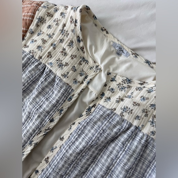 Quilted Plaid Floral Open Jacket Large Cream Blue Brown Cottagecore - Picture 4 of 7